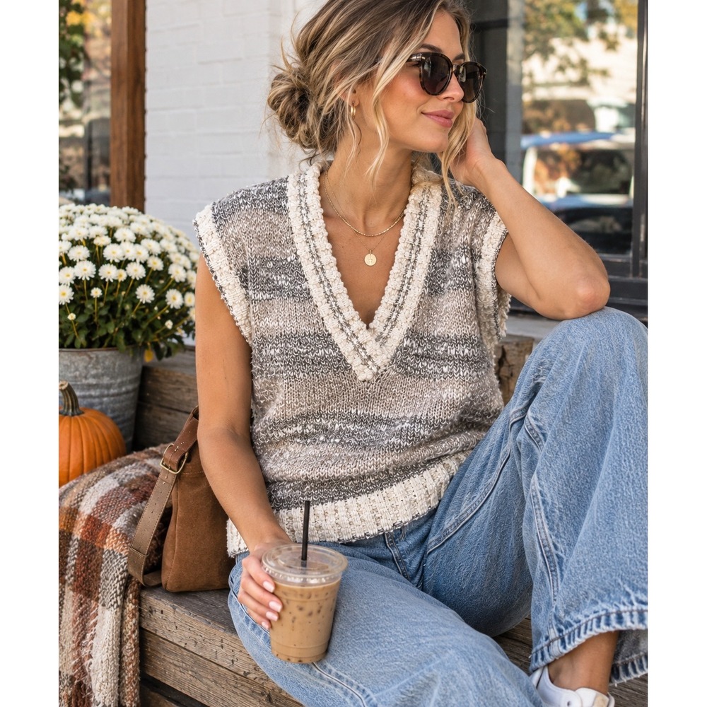 Alicia Vintage Knit Sweater Vest V-Neck Marled Neutral Wool Blend Medium